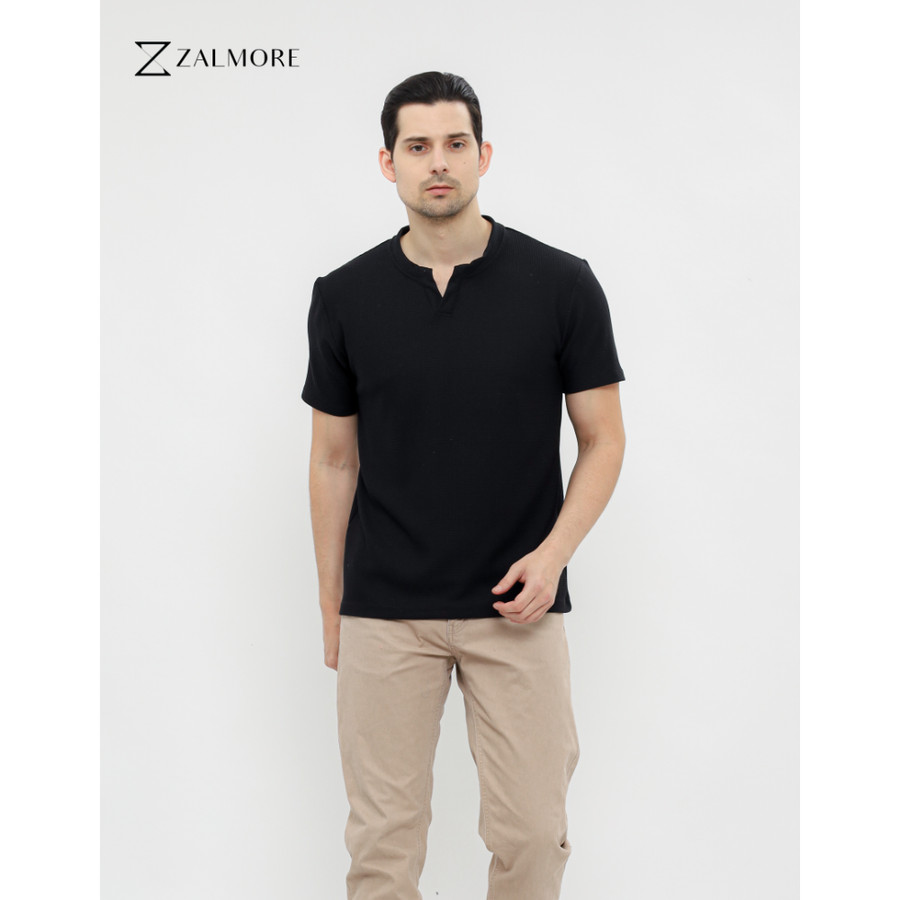 Zalmore Pria Atasan V Neck Premium Waffle - Hijau Sage, M